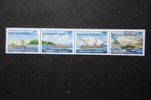 外国切手： ワリスフュテュナ切手「昔のボート」 (パオパオ、ロミポー） 4種連刷 未使用
