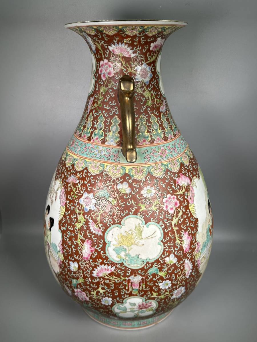旧家蔵出中国美術清朝粉彩人物花卉文双耳大花瓶押花在銘美品唐物時代物