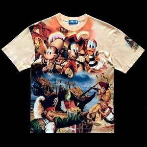 00s Disney ディズニー カリブの海賊 転写プリント Tシャツ 半袖 pale-orange size M ユニセックス 希少 総柄 パイレーツオブカリビアン