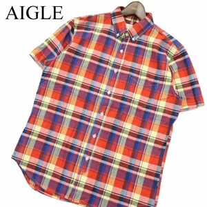 AIGLE エーグル 春夏 麻混★ リネン混 半袖 ボタンダウン チェック シャツ Sz.L　メンズ アウトドア　A3T07649_6#A