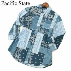 Pacific State パシフィックステイト メンズビギ 春夏 バンダナ柄★ 総柄 パッチワーク風 7分袖 シャツ Sz.SS　メンズ 青系　A3T08173_7#A