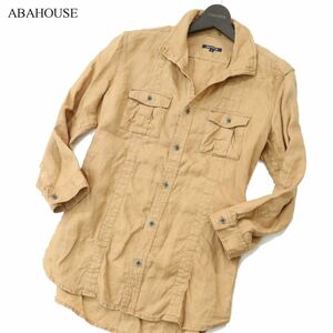 ABAHOUSE アバハウス 春夏 麻 リネン100％★ 襟ワイヤー 7分袖 ワーク シャツ Sz.3　メンズ　A3T04727_4#A