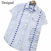 Desigual デシグアル 春夏 英字デザイン刺繍★ チェック切替 ストライプ 半袖 ワーク シャツ Sz.M　メンズ　A3T08645_7#A_画像1