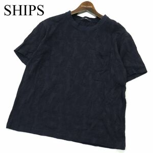 SHIPS シップス モチーフ ジャガード★ リーフ ポケット 半袖 カットソー Tシャツ Sz.XL　メンズ 紺 大きいサイズ 日本製　A3T08674_7#D