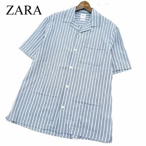 美品★ ZARA ザラ マン 現行タグ★ RELAXED FIT 春夏 オープンカラー 半袖 ワイド ストライプ シャツ Sz.L　メンズ　A3T08707_7#A