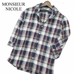 美品★ MONSIEUR NICOLE ムッシュ ニコル 春夏 麻 リネン100％★ 7分袖 チェック シャツ Sz.46　メンズ　A3T08738_7#A