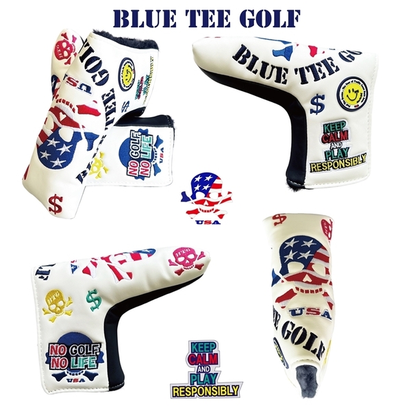 ■1送料無料【BPT-WH/NA】ブルーティーゴルフ【SKULLスカルUSAフラッグ】パターカバー(ブレード型) BLUE TEE GOLF DPC-001