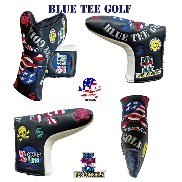 ■2送料無料【BPT-NA/SGR】ブルーティーゴルフ【SKULLスカルUSAフラッグ】パターカバー(ブレード型) BLUE TEE GOLF DPC-001