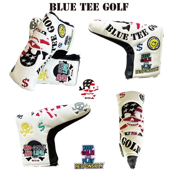 ■3送料無料【BPT-WH/BK】ブルーティーゴルフ【SKULLスカルUSAフラッグ】パターカバー(ブレード型) BLUE TEE GOLF DPC-001