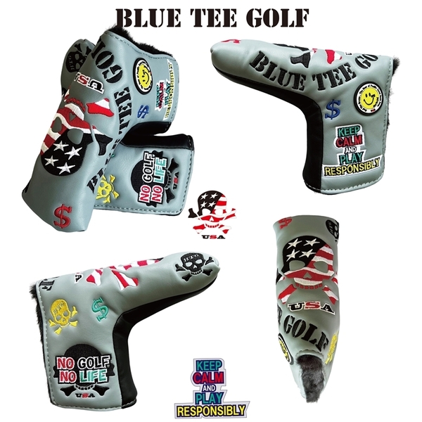 ■4送料無料【BPT-GR/BK】ブルーティーゴルフ【SKULLスカルUSAフラッグ】パターカバー（ブレード型） BLUE TEE GOLF DPC-001