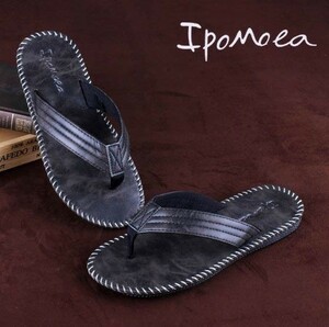 [ dark 25-24.5cm][PU leather ] sandals men's stylish PU leather imitation leather simple beach sandals outdoor camp sea summer black 