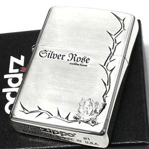 ZIPPO ローズ 純銀メタル シルバー エッチング ロゴ ジッポ ライター 薔薇 おしゃれ かわいい 銀燻し シンプル