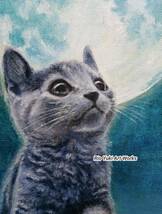 油絵原画「BLUE MOON」Rio Yuki 結城璃音 ロシアンブルー子猫の絵真作　ポストカードセット付　猫 ねこ ネコ cat_画像2