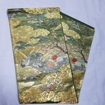 【桐輪】美品｛正絹*西陣織*琳派*袋帯｝*深緑色地*吉祥.花鳥文様*六通柄*№3937_画像1