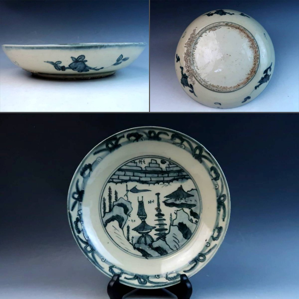 YH583 唐物清時代南京染付唐草図と山水図小花瓶花生花入茶道具陶磁器