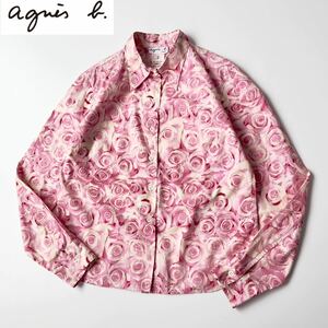  rare 90s~00s Vintage agnes b. Agnes B rose print shirt size 2 M pink series total pattern shirt blouse thin cotton 