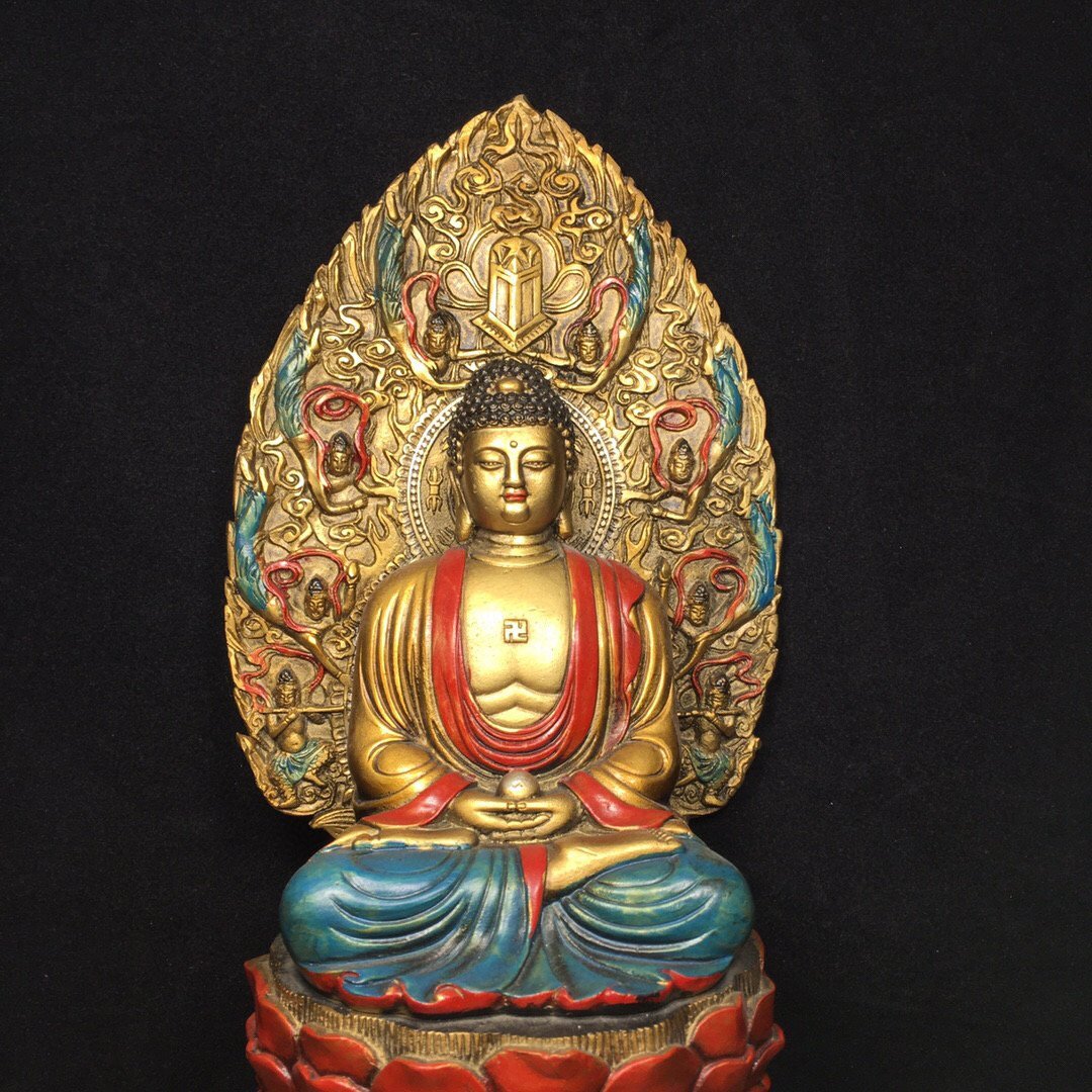 ◇古寳堂◇清銅製金鍍彩繪坐釋迦摩尼像仏教古美術供養品極細工古置物古