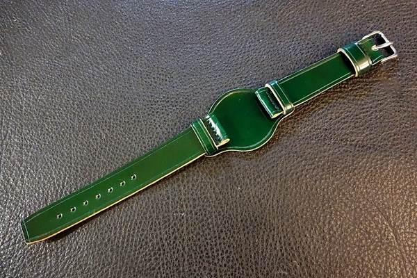 ◆台座付VINTAGE BELT◆高品質国産コードバン カスタムオーダー(台座サイズ/バックルカラー) 19mm ANTIQUE GREEN 受注生産 腕時計ベルト