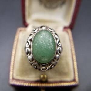  silver 925 green kaboshon oval large grain ethnic design Vintage ring ring retro jewelry import 7Y-C