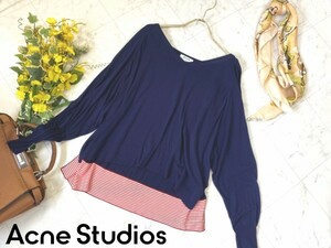 e103★ Acne Studios アクネステュディオズ ワイド身幅 Vネック ニット プルオーバー ネイビー ショート丈 長袖 ゆったりシルエット 紺