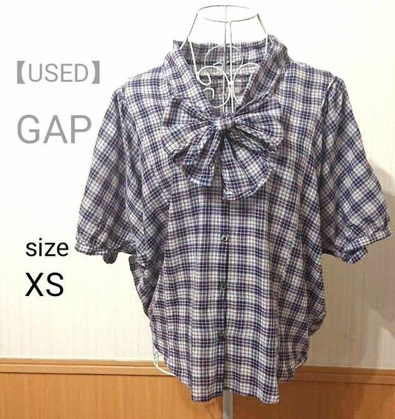 【USED】 GAP (ギャップ) チェック リボンブラウス XSサイズ