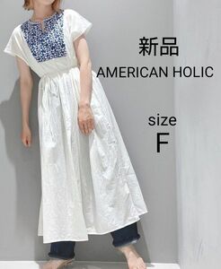 AMERICAN HOLIC (アメリカンホリック) フレンチスリーブ 刺繍 ワンピース フリーサイズ オフホワイト