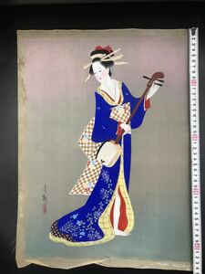 ①【真作】青瓢「美人図」古い掛け軸(掛軸) 肉筆 絹本 浮世絵 美人画 日本画 美術品 画芯サイズ約34*46cm