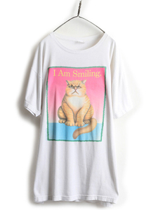 90s 大きいサイズ XXL 程■ ネコ ジョーク イラスト プリント Tシャツ メンズ レディース / 90年代 オールド アニマル 動物 猫 アート 白