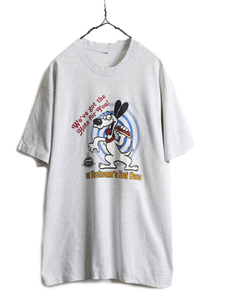90s ■ 企業 ドッグ キャラクター イラスト プリント Tシャツ ( メンズ L 程) 90年代 当時物 メッセージ アニマル 犬 シングルステッチ 灰