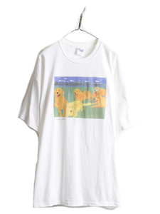 大きいサイズ XL ■ レトリバー アート イラスト プリント Tシャツ ( メンズ ) 古着 アニマル ドッグ 犬 動物 絵画 芸術 ヘビーウェイト 白