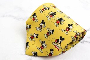 【良品】 ディズニー Disney キャラクター柄 シルク ミッキーマウス TDL イタリア製 総柄 メンズ ネクタイ イエロー