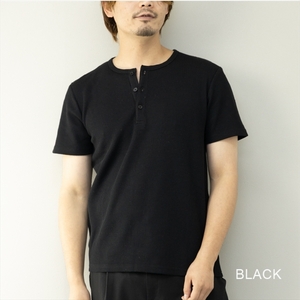 【即落送料込み】ブラック サイズＬ ワイルド派からラックス派まで SKKONE ヘンリーネック半袖Tシャツ ワッフル地（吸湿性サーマル生地）