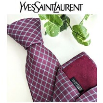 美品 Yves Saint Laurent イヴサンローラン ヴィンテージ 高級 シルク ネクタイ 総柄 チェック ドット ボルドー ワイン レッド フランス製_画像1