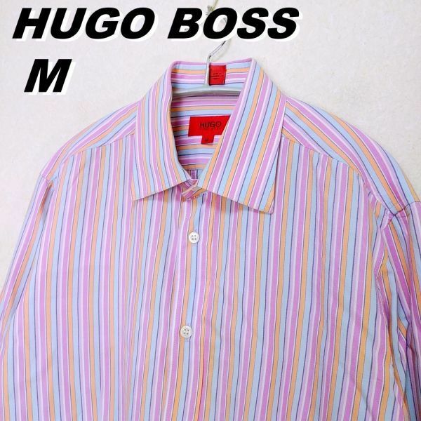 マルチストライプ★七分袖シャツ【HUGO BOSS】ヒューゴボス　メンズM　長袖シャツ　ピンク系　210331-05