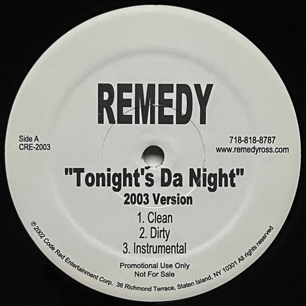 Remedy - Tonight's Da Night / Book Of Life (USオリジナル/プロモ/Promo/アングラ)