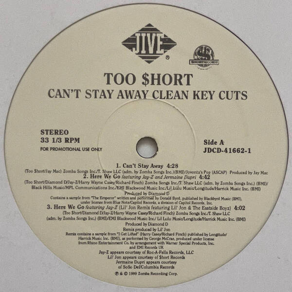 Too Short - Can't Stay Away Clean Key Cuts (USオリジナル/プロモオンリー/Promo/Gangsta/ギャングスタ)