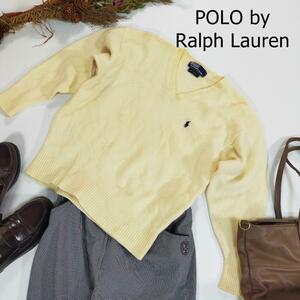 Polo by Ralph Lauren ラルフローレン ニット サイズM オフホワイト Vネック 羊毛100％ 長袖