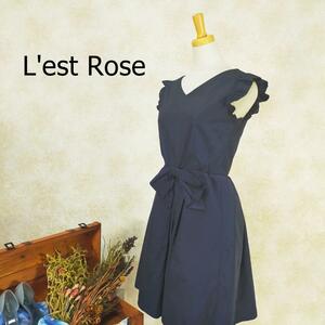 L'est Rose かわいい レストローズ ドレス ネイビー サイズMT ひざ丈 フリル リボン 韓国製
