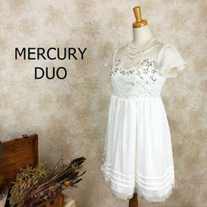 マーキュリーデュオ MERCURY DUO ドレス サイズフリー ホワイト ひざ上丈 ビーズ刺繍 シアー 袖シースルー フレンチスリーブ 白 B-452