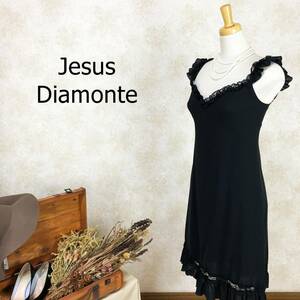 ジーザスディアマンテ Jesus Diamante ドレス ブラック S ひざ丈 フリル レース 裏地ピンク 背中開きワンピース キャミソール 黒 B-450