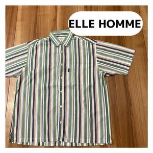 ELLE HOMME エル オム 半袖シャツ ストライプ STRIPE コットン グリーン ブルー サイズM 玉mc1817