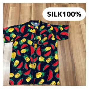 SILK シルク 100% 半袖シャツ USA企画 フルーツ柄 総柄 スイカ パイナップル ブラック サイズM相当 玉mc1809