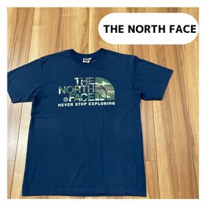 THE NORTH FACE ノースフェイス Tシャツ 半袖 ビッグプリントロゴ ミリタリー アウトドア ネイビー サイズL 玉mc1840