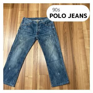 90s POLO JEANS ポロジーンズ デニム ジーパン ジーンズ ヴィンテージ インディゴ ダメージ加工 W32 玉mc1868