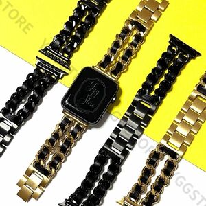 【コマ調節工具不要】アップルウォッチ ステンレス バンド チェーン Cチェーン ベルト 本革 レザー apple watch 38 40 41 黒 ブラック