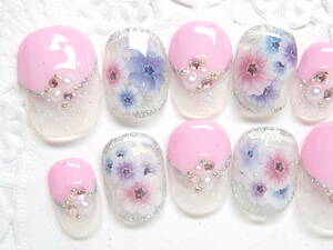 Y* prompt decision [NEW very short ]* pink * flower embedded nails *311