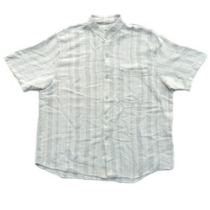 古着 デザイン ノーカラー 半袖リネンシャツ ストライプ サイズ表記：-　gd25080
