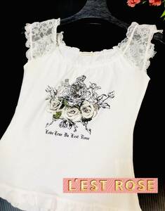 L'EST ROSE　レストローズ　 　透け感肩レース＆ローズプリントデザイン　カットソー　ノースリーブ　ホワイト　サイズ2