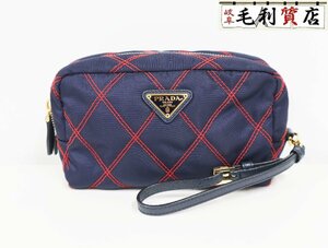 プラダ PRADA キルティング ロゴプレート メイクポーチ 化粧ポーチ ネイビー レッド ナイロン 1NE005 美品 ポーチ