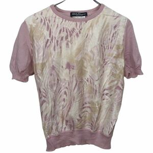 SALVATORE FERRAGAMO Salvatore Ferragamo lady's pink pattern silk switch short sleeves knitted T-shirt tops L inscription 